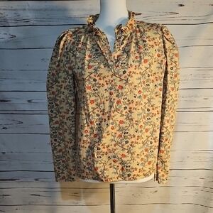 Floral Print Ruffle Neck Long Sleeve Blouse Cottagecore Academia Top Size Medium